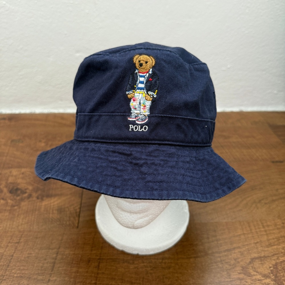 Polo Ralph Lauren Bucket Hat Mens L/XL Navy Blue Embroidered Polo Bear Cotton